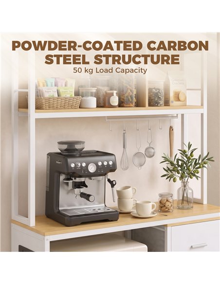 HOMCOM Kitchen Storage Rack with Power Outlet, USB and Type-C Ports, Drawer, Shelves and 4 Hooks, Oak and White - pic 208491 | FastDaddyshop
