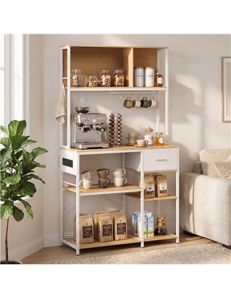 HOMCOM Kitchen Storage Rack with Power Outlet, USB and Type-C Ports, Drawer, Shelves and 4 Hooks, Oak and White - pic 208492 | FastDaddyshop