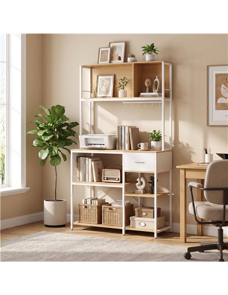 HOMCOM Kitchen Storage Rack with Power Outlet, USB and Type-C Ports, Drawer, Shelves and 4 Hooks, Oak and White - pic 208493 | FastDaddyshop