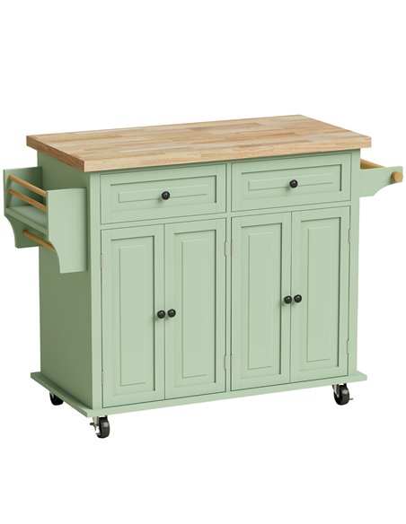 HOMCOM Rolling Kitchen Island Storage Trolley with Rubber Wood Top & Drawers for Dining Room, Light Green - pic 208494 | FastDaddyshop