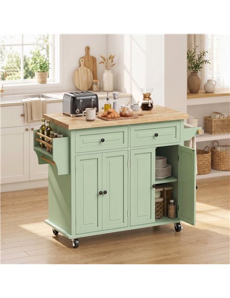 HOMCOM Rolling Kitchen Island Storage Trolley with Rubber Wood Top & Drawers for Dining Room, Light Green - pic 208495 | FastDaddyshop