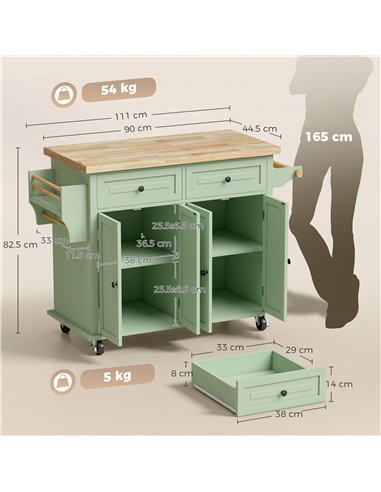 HOMCOM Rolling Kitchen Island Storage Trolley with Rubber Wood Top & Drawers for Dining Room, Light Green