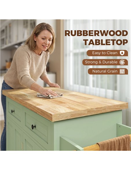 HOMCOM Rolling Kitchen Island Storage Trolley with Rubber Wood Top & Drawers for Dining Room, Light Green - pic 208497 | FastDaddyshop