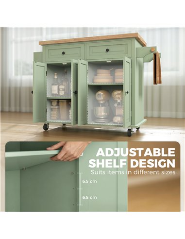 HOMCOM Rolling Kitchen Island Storage Trolley with Rubber Wood Top & Drawers for Dining Room, Light Green