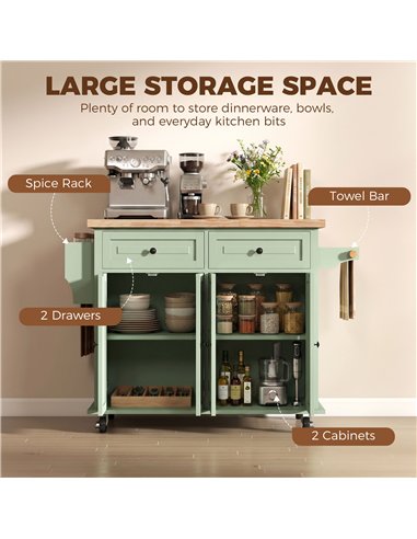 HOMCOM Rolling Kitchen Island Storage Trolley with Rubber Wood Top & Drawers for Dining Room, Light Green