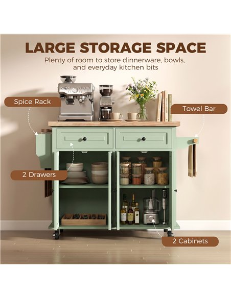 HOMCOM Rolling Kitchen Island Storage Trolley with Rubber Wood Top & Drawers for Dining Room, Light Green - pic 208499 | FastDaddyshop