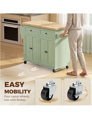 HOMCOM Rolling Kitchen Island Storage Trolley with Rubber Wood Top & Drawers for Dining Room, Light Green