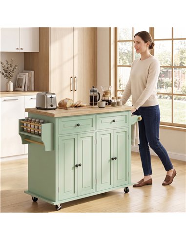HOMCOM Rolling Kitchen Island Storage Trolley with Rubber Wood Top & Drawers for Dining Room, Light Green