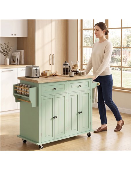 HOMCOM Rolling Kitchen Island Storage Trolley with Rubber Wood Top & Drawers for Dining Room, Light Green - pic 208501 | FastDaddyshop