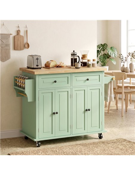HOMCOM Rolling Kitchen Island Storage Trolley with Rubber Wood Top & Drawers for Dining Room, Light Green - pic 208502 | FastDaddyshop