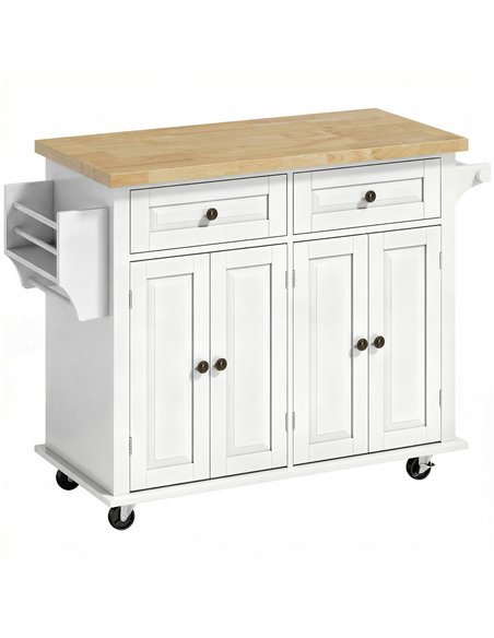 HOMCOM Kitchen Island on Wheels, Rolling Kitchen Storage Trolley with Rubber Wood Top, Drawers, Adjustable Shelves, Cream White - pic 208503 | FastDaddyshop