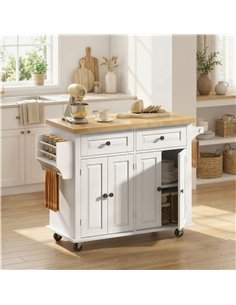 HOMCOM Kitchen Island on Wheels, Rolling Kitchen Storage Trolley with Rubber Wood Top, Drawers, Adjustable Shelves, Cream White 2