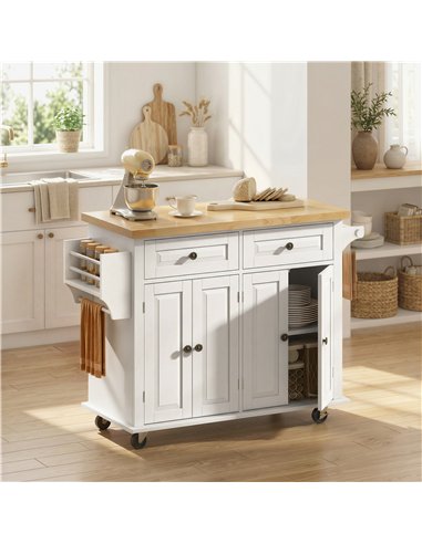 HOMCOM Kitchen Island on Wheels, Rolling Kitchen Storage Trolley with Rubber Wood Top, Drawers, Adjustable Shelves, Cream White