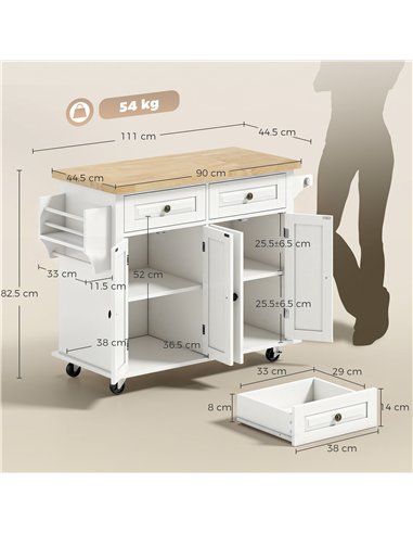 HOMCOM Kitchen Island on Wheels, Rolling Kitchen Storage Trolley with Rubber Wood Top, Drawers, Adjustable Shelves, Cream White