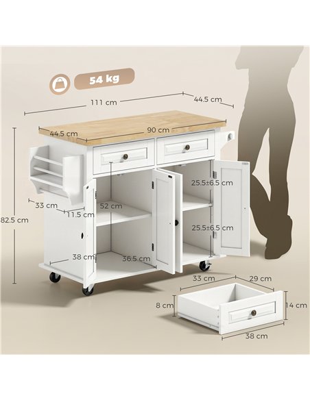 HOMCOM Kitchen Island on Wheels, Rolling Kitchen Storage Trolley with Rubber Wood Top, Drawers, Adjustable Shelves, Cream White - pic 208505 | FastDaddyshop