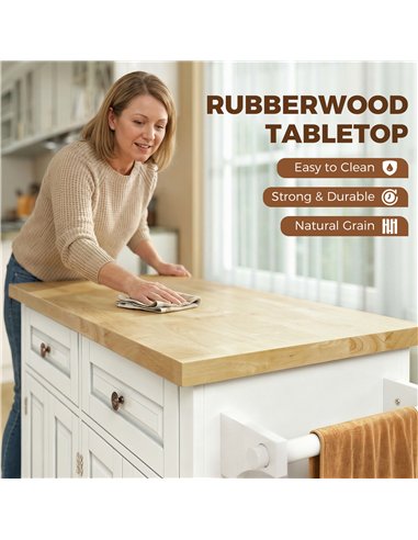 HOMCOM Kitchen Island on Wheels, Rolling Kitchen Storage Trolley with Rubber Wood Top, Drawers, Adjustable Shelves, Cream White