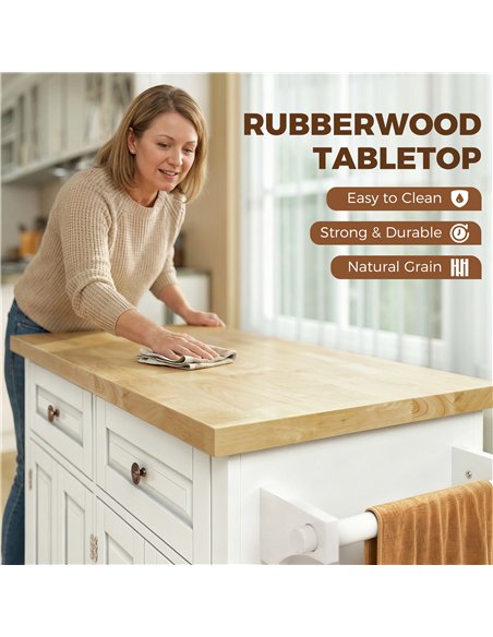 HOMCOM Kitchen Island on Wheels, Rolling Kitchen Storage Trolley with Rubber Wood Top, Drawers, Adjustable Shelves, Cream White - pic 208506 | FastDaddyshop