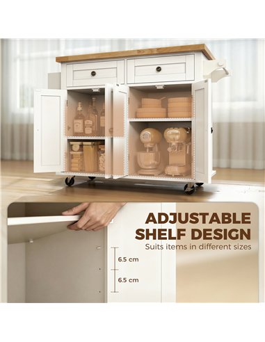 HOMCOM Kitchen Island on Wheels, Rolling Kitchen Storage Trolley with Rubber Wood Top, Drawers, Adjustable Shelves, Cream White