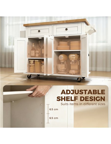 HOMCOM Kitchen Island on Wheels, Rolling Kitchen Storage Trolley with Rubber Wood Top, Drawers, Adjustable Shelves, Cream White - pic 208507 | FastDaddyshop