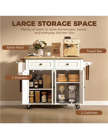 HOMCOM Kitchen Island on Wheels, Rolling Kitchen Storage Trolley with Rubber Wood Top, Drawers, Adjustable Shelves, Cream White - pic 208508 | FastDaddyshop