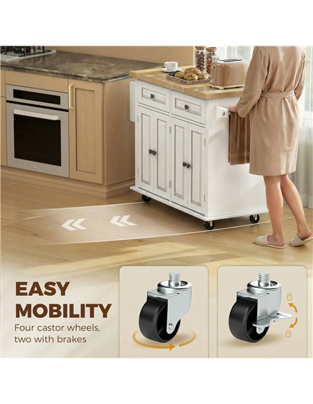 HOMCOM Kitchen Island on Wheels, Rolling Kitchen Storage Trolley with Rubber Wood Top, Drawers, Adjustable Shelves, Cream White - pic 208509 | FastDaddyshop