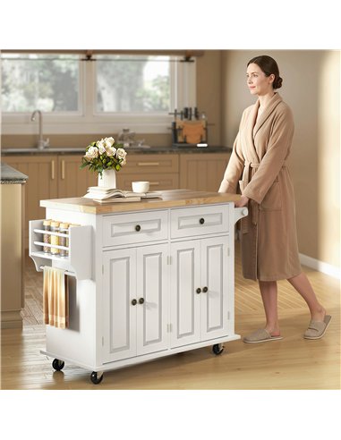 HOMCOM Kitchen Island on Wheels, Rolling Kitchen Storage Trolley with Rubber Wood Top, Drawers, Adjustable Shelves, Cream White