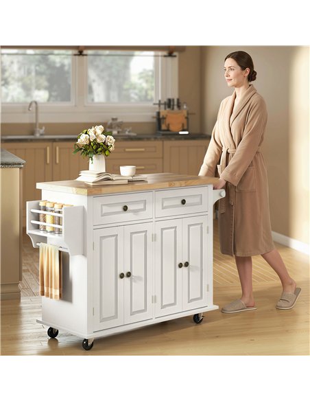 HOMCOM Kitchen Island on Wheels, Rolling Kitchen Storage Trolley with Rubber Wood Top, Drawers, Adjustable Shelves, Cream White - pic 208510 | FastDaddyshop