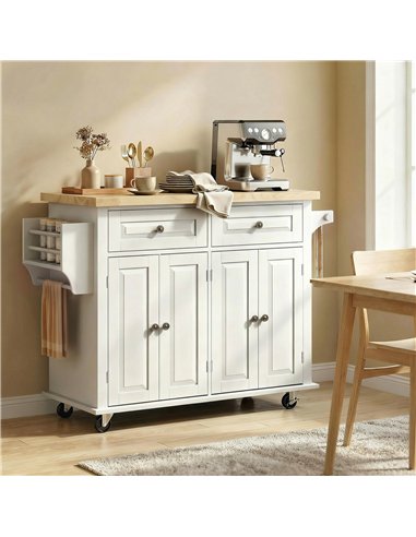 HOMCOM Kitchen Island on Wheels, Rolling Kitchen Storage Trolley with Rubber Wood Top, Drawers, Adjustable Shelves, Cream White