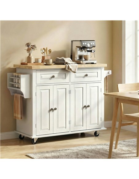 HOMCOM Kitchen Island on Wheels, Rolling Kitchen Storage Trolley with Rubber Wood Top, Drawers, Adjustable Shelves, Cream White - pic 208511 | FastDaddyshop