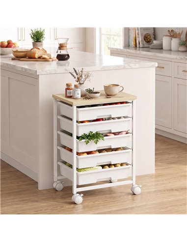 HOMCOM 6-Tier Storage Trolley on Wheels, Metal Kitchen Rolling Cart with 5 Pull-Out Drawers, White
