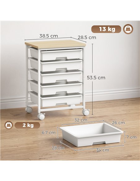 HOMCOM 6-Tier Storage Trolley on Wheels, Metal Kitchen Rolling Cart with 5 Pull-Out Drawers, White - pic 208514 | FastDaddyshop