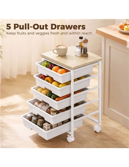 HOMCOM 6-Tier Storage Trolley on Wheels, Metal Kitchen Rolling Cart with 5 Pull-Out Drawers, White - pic 208515 | FastDaddyshop