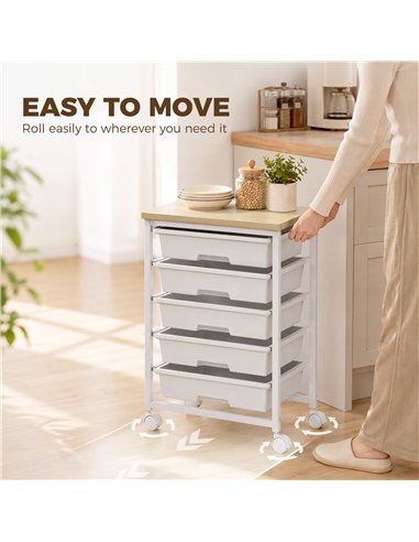 HOMCOM 6-Tier Storage Trolley on Wheels, Metal Kitchen Rolling Cart with 5 Pull-Out Drawers, White
