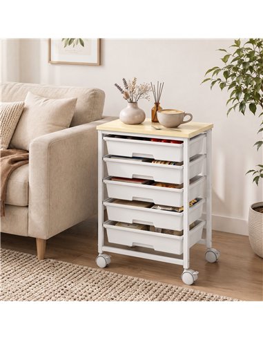 HOMCOM 6-Tier Storage Trolley on Wheels, Metal Kitchen Rolling Cart with 5 Pull-Out Drawers, White