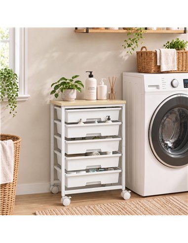 HOMCOM 6-Tier Storage Trolley on Wheels, Metal Kitchen Rolling Cart with 5 Pull-Out Drawers, White