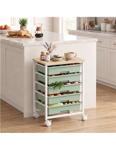 HOMCOM 6-Tier Storage Trolley on Wheels, Metal Kitchen Rolling Cart with 5 Pull-Out Drawers, Green