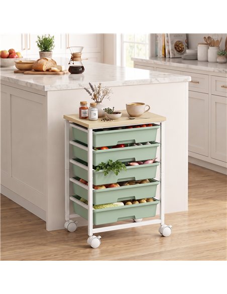 HOMCOM 6-Tier Storage Trolley on Wheels, Metal Kitchen Rolling Cart with 5 Pull-Out Drawers, Green - pic 208522 | FastDaddyshop