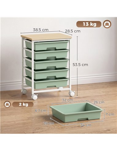HOMCOM 6-Tier Storage Trolley on Wheels, Metal Kitchen Rolling Cart with 5 Pull-Out Drawers, Green