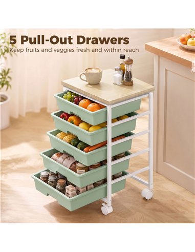 HOMCOM 6-Tier Storage Trolley on Wheels, Metal Kitchen Rolling Cart with 5 Pull-Out Drawers, Green