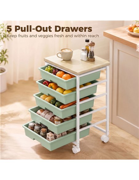 HOMCOM 6-Tier Storage Trolley on Wheels, Metal Kitchen Rolling Cart with 5 Pull-Out Drawers, Green - pic 208524 | FastDaddyshop
