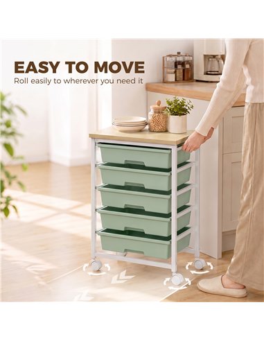 HOMCOM 6-Tier Storage Trolley on Wheels, Metal Kitchen Rolling Cart with 5 Pull-Out Drawers, Green