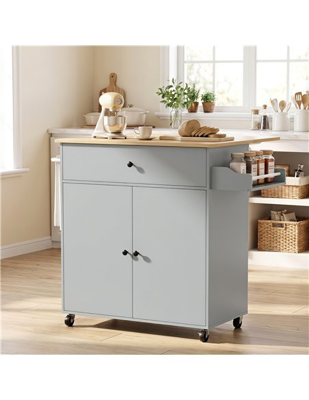 HOMCOM Kitchen Island with Drop Leaf, Rolling Kitchen Storage Trolley on Wheels with Drawer, Spice Rack and Towel Rack, Grey - pic 208531 | FastDaddyshop