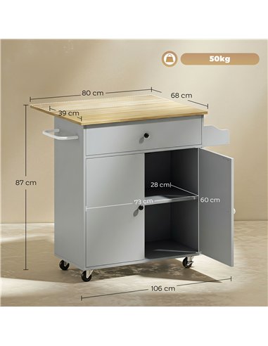 HOMCOM Kitchen Island with Drop Leaf, Rolling Kitchen Storage Trolley on Wheels with Drawer, Spice Rack and Towel Rack, Grey