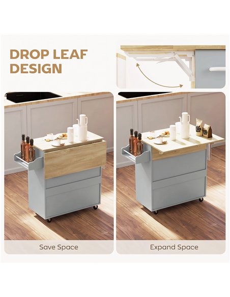 HOMCOM Kitchen Island with Drop Leaf, Rolling Kitchen Storage Trolley on Wheels with Drawer, Spice Rack and Towel Rack, Grey - pic 208533 | FastDaddyshop