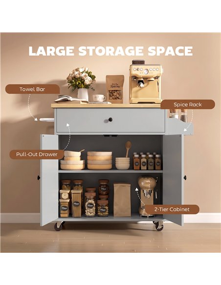 HOMCOM Kitchen Island with Drop Leaf, Rolling Kitchen Storage Trolley on Wheels with Drawer, Spice Rack and Towel Rack, Grey - pic 208534 | FastDaddyshop