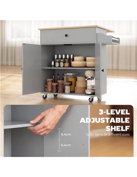HOMCOM Kitchen Island with Drop Leaf, Rolling Kitchen Storage Trolley on Wheels with Drawer, Spice Rack and Towel Rack, Grey - pic 208535 | FastDaddyshop