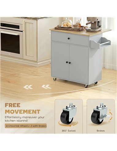 HOMCOM Kitchen Island with Drop Leaf, Rolling Kitchen Storage Trolley on Wheels with Drawer, Spice Rack and Towel Rack, Grey