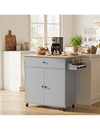 HOMCOM Kitchen Island with Drop Leaf, Rolling Kitchen Storage Trolley on Wheels with Drawer, Spice Rack and Towel Rack, Grey