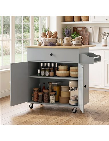 HOMCOM Kitchen Island with Drop Leaf, Rolling Kitchen Storage Trolley on Wheels with Drawer, Spice Rack and Towel Rack, Grey
