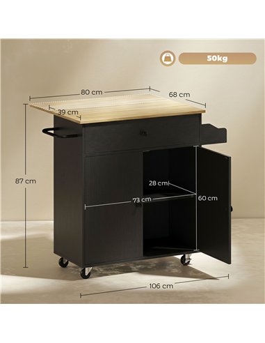 HOMCOM Kitchen Island with Drop Leaf, Rolling Kitchen Storage Trolley on Wheels with Drawer, Spice Rack and Towel Rack, Black